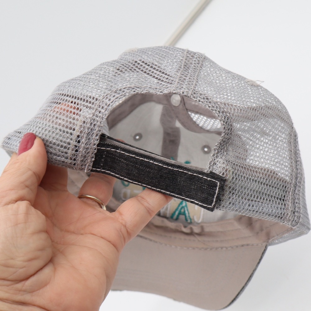 Katydid Hat Womens OSFA Happy Camper Black Distressed Mesh Trucker Cap Excellent - Picture 2 of 4